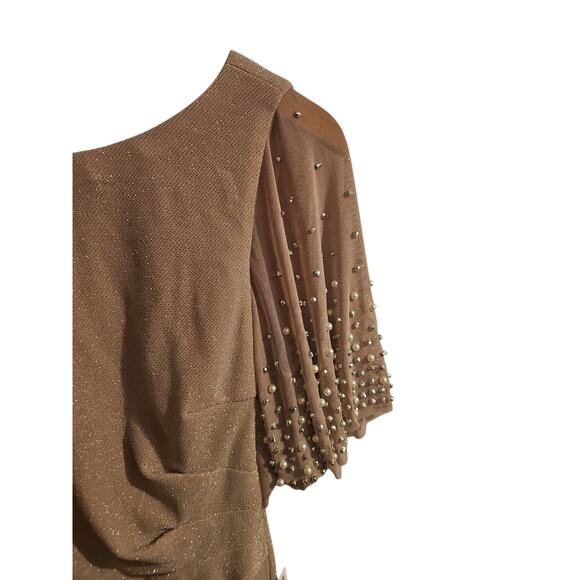 Alex Evenings Metallic Embellished Flutter Sleeve Boat Neck Ruched Waist  Gown 4 - Picture 5 of 9